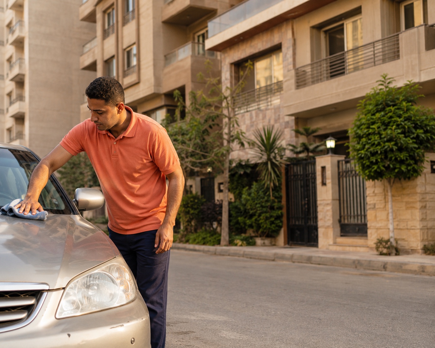 فني كليك كار كير بيغسل عربية عميل في شارع سكني بالقاهرة
